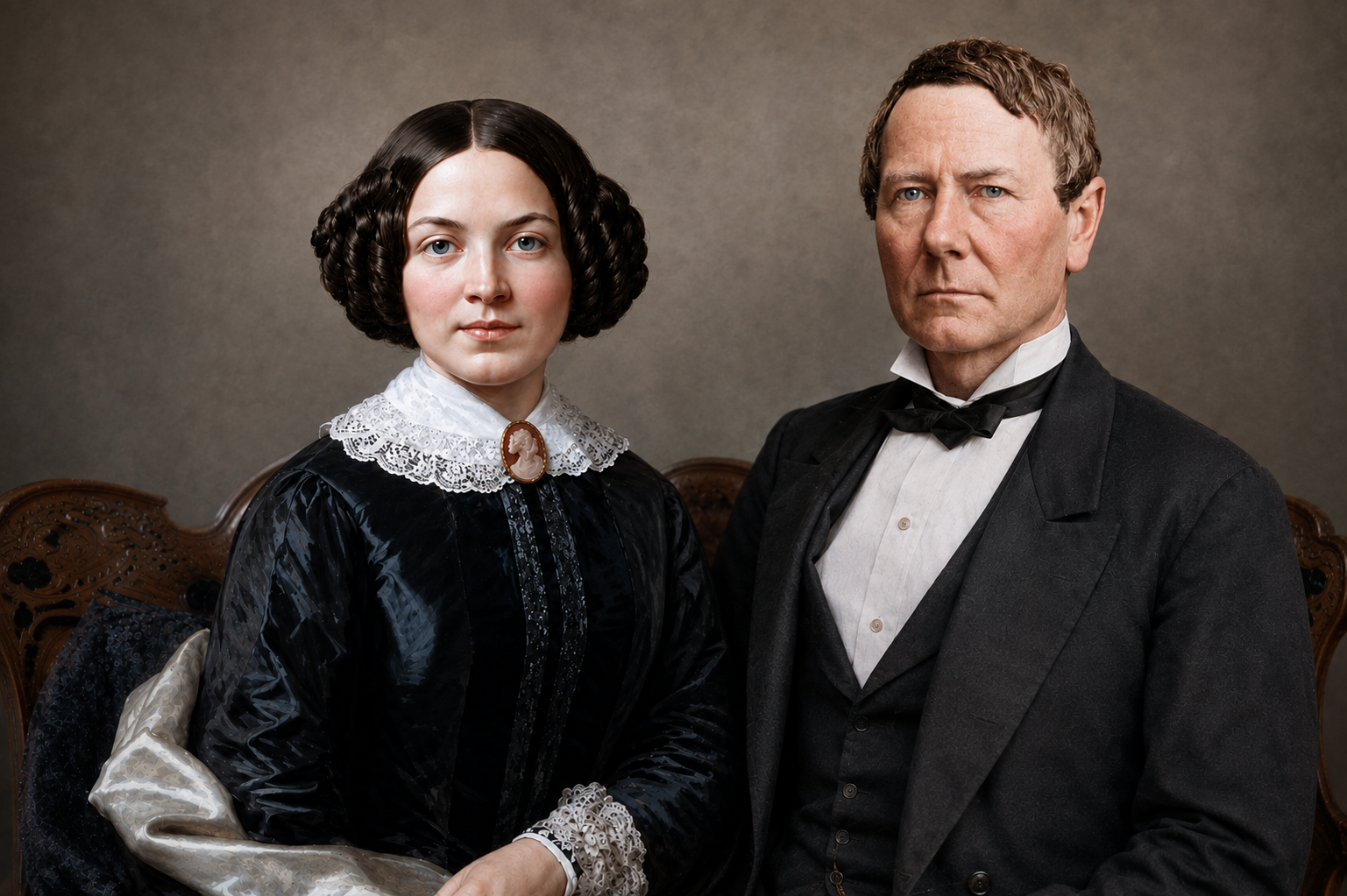 Colorized historical portrait of David Sinton and Jane Ellison Sinton, whose philanthropy created a lasting legacy in Adams County and beyond.